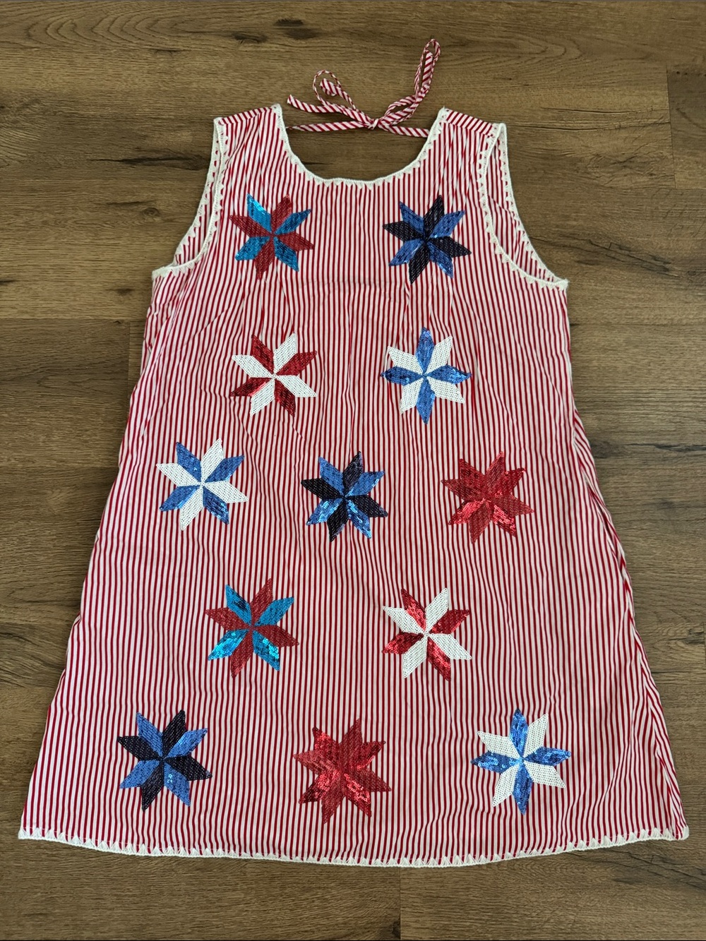 QUEEN OF SPARKLES Red & White Striped Sequin Star Mini Dress